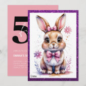 ピンクの弓の誕生日を持つ可愛いバニー 招待状 (正面/裏面)
