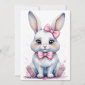 ピンクの弓の誕生日を持つ可愛いバニー 招待状 (正面)