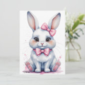 ピンクの弓の誕生日を持つ可愛いバニー 招待状 (スタンド正面)