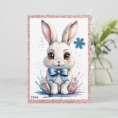 ピンクの弓の誕生日を持つ可愛いバニー 招待状 (スタンド正面)