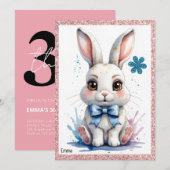 ピンクの弓の誕生日を持つ可愛いバニー 招待状 (正面/裏面)