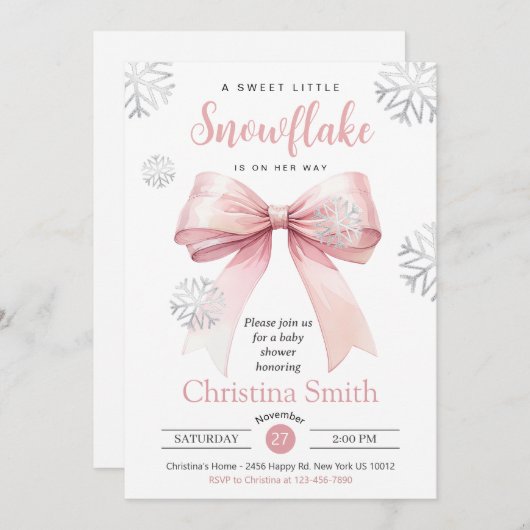 ピンクの弓の赤ちゃんシャワーの途中の小さなスノーフレーク 招待状 (正面/裏面)