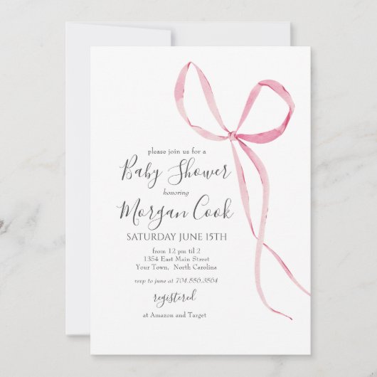 ピンクの弓の赤ちゃんシャワー招待、赤ちゃん女の子シャワー 招待状 (正面)