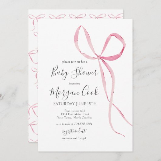 ピンクの弓の赤ちゃんシャワー招待、赤ちゃん女の子シャワー 招待状 (正面/裏面)