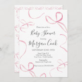 ピンクの弓の赤ちゃんシャワー招待、赤ちゃん女の子シャワー 招待状 (正面/裏面)