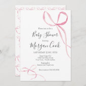 ピンクの弓の赤ちゃんシャワー招待、赤ちゃん女の子シャワー 招待状 (正面/裏面)