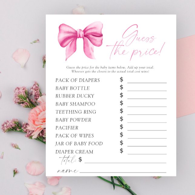 ピンクの弓の赤ちゃんシャワー – 価格を推測ゲーム (クリエイターアップロード済み)