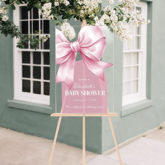ピンクの弓の赤ちゃん女の子 エレガント ベビーシャワー ウェルカム アクリルサイン