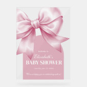 ピンクの弓の赤ちゃん女の子 エレガント ベビーシャワー ウェルカム アクリルサイン (正面)