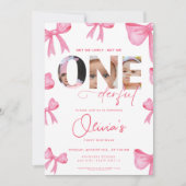 ピンクの弓は彼女はonederful 1st誕生日3写真 招待状 (正面)