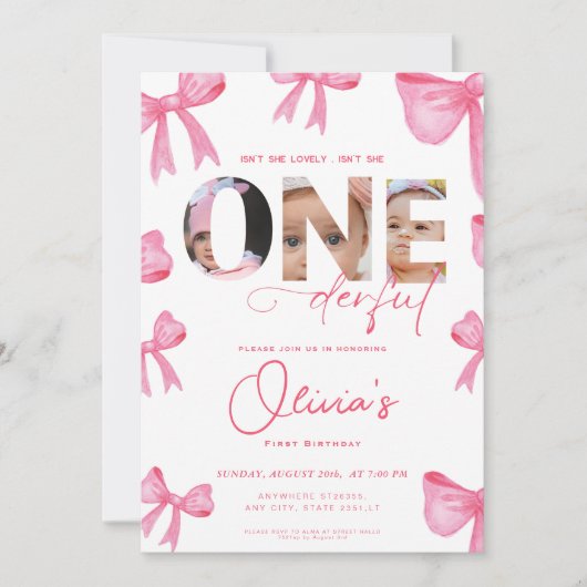 ピンクの弓は彼女はonederful 1st誕生日3写真 招待状 (正面)