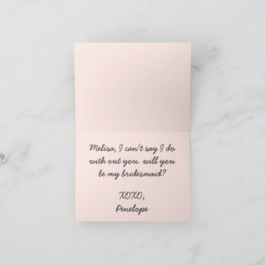 ピンクの弓は私のブライドメイド提案カードを折り畳む サンキューカード (内部)