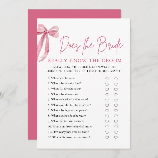 ピンクの弓は花嫁が本当に新郎のゲームを知っている 招待状 (正面/裏面)