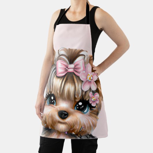 ピンクの弓を使ったかわいいヨークシャーテリア エプロン (インサイチュ)