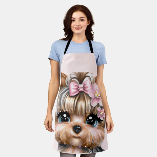 ピンクの弓を使ったかわいいヨークシャーテリア エプロン (着用した状態)