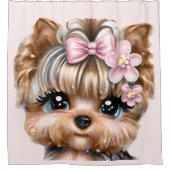 ピンクの弓を使ったかわいいヨークシャーテリア シャワーカーテン (正面)