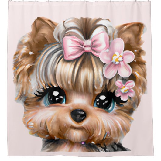 ピンクの弓を使ったかわいいヨークシャーテリア シャワーカーテン (正面)