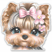 ピンクの弓を使ったかわいいヨークシャーテリア シール (正面)