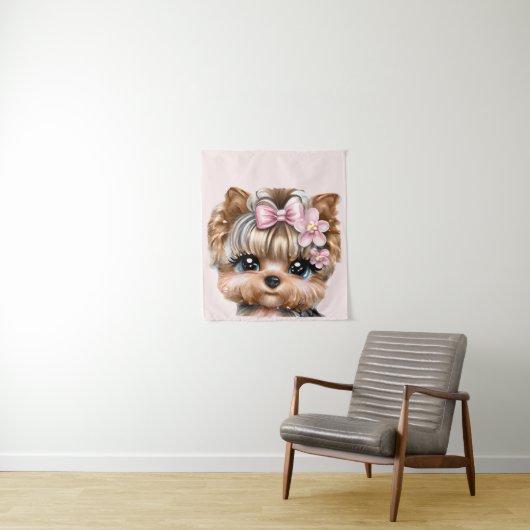 ピンクの弓を使ったかわいいヨークシャーテリア タペストリー (インサイチュ)