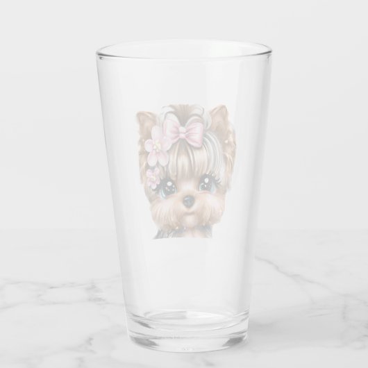 ピンクの弓を使ったかわいいヨークシャーテリア タンブラーグラス (裏面)