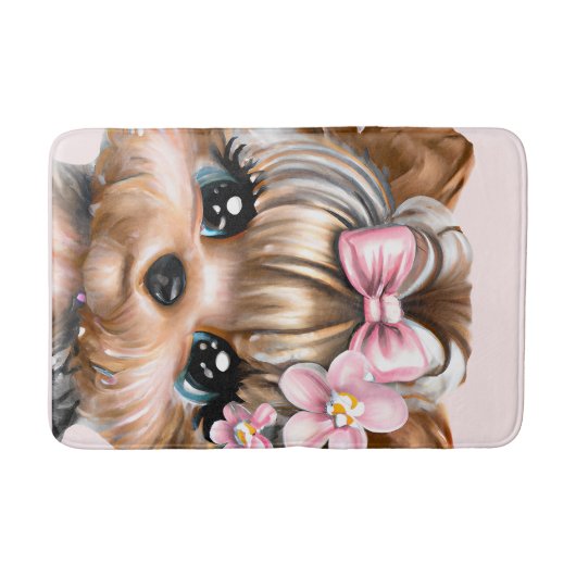 ピンクの弓を使ったかわいいヨークシャーテリア バスマット (正面)