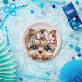 ピンクの弓を使ったかわいいヨークシャーテリア ペーパープレート (パーティー)