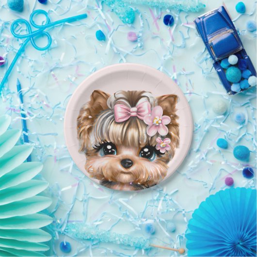 ピンクの弓を使ったかわいいヨークシャーテリア ペーパープレート (パーティー)