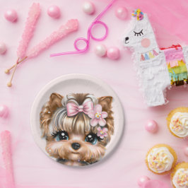 ピンクの弓を使ったかわいいヨークシャーテリア ペーパープレート