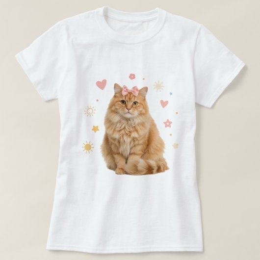 ピンクの弓を使ったフワフワのジンジャー猫 Tシャツ (デザイン正面)