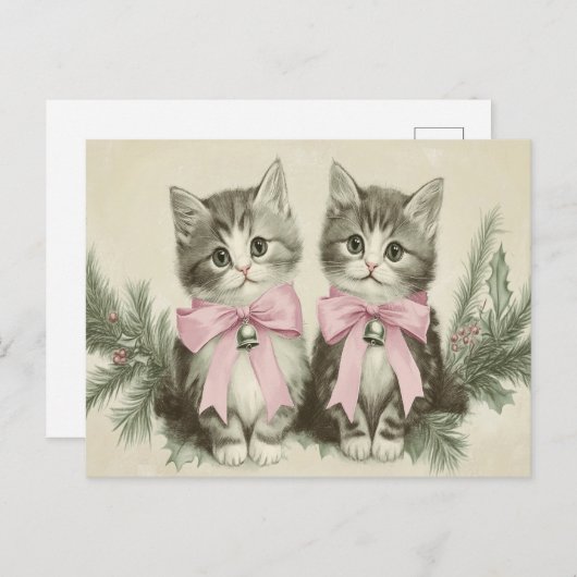 ピンクの弓を使ったヴィンテージクリスマスプレゼント ポストカード (正面/裏面)