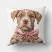ピンクの弓を持つタンとホワイトの入れブルパピードッグ クッション (裏面)