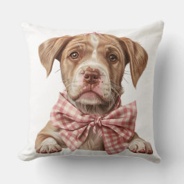 ピンクの弓を持つタンとホワイトの入れブルパピードッグ クッション