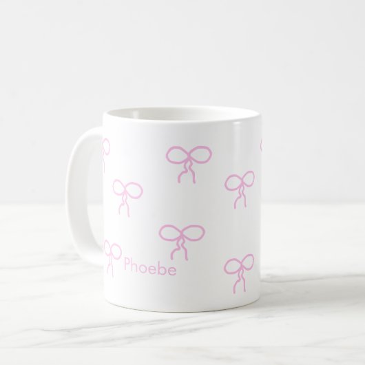 ピンクの弓を持つ白いマグカップ コーヒーマグカップ (正面左)