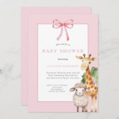 ピンクの弓ウッドランド動物の赤ちゃんシャワー 招待状 (正面/裏面)