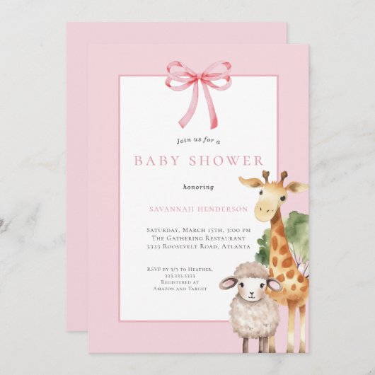 ピンクの弓ウッドランド動物の赤ちゃんシャワー 招待状 (正面/裏面)