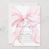 ピンクの弓オンデァフルな最初の誕生日招待状 招待状 (正面)