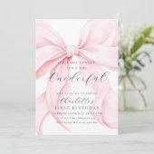 ピンクの弓オンデァフルな最初の誕生日招待状 招待状 (スタンド正面)
