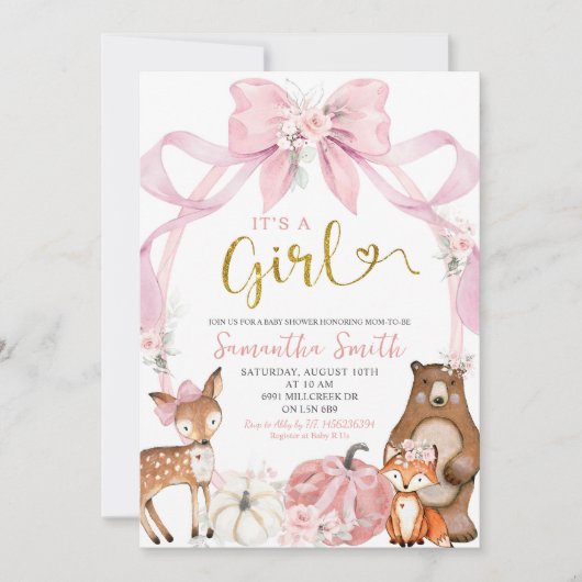 ピンクの弓カボチャ森林動物の赤ちゃんシャワー 招待状 (正面)