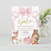 ピンクの弓カボチャ森林動物の赤ちゃんシャワー 招待状 (スタンド正面)