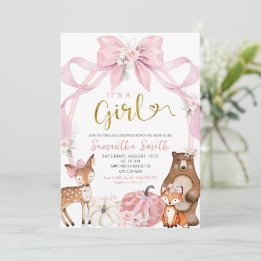 ピンクの弓カボチャ森林動物の赤ちゃんシャワー 招待状 (スタンド正面)