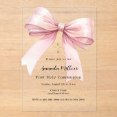 ピンクの弓ガール澄んファースト・コミュニオン アクリル招待状 (正面)