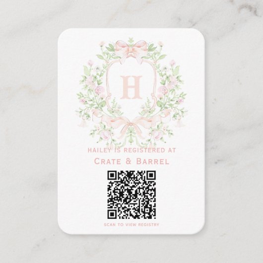 ピンクの弓ギフトレジストリ付きスイートクレスト エンクロージャーカード (正面)