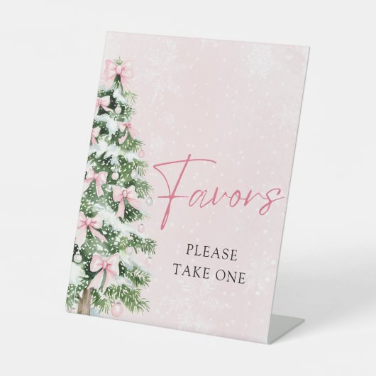 ピンクの弓クリスマスツリー冬の赤ちゃんシャワーの好意 台座サイン (正面)