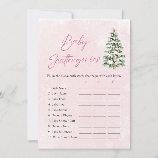 ピンクの弓クリスマスベビーシャワースキャッタリーゲーム 招待状 (正面)