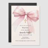 ピンクの弓クリームガールバプテスマ マグネット招待状 (正面/裏面)