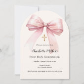 ピンクの弓クリームガールファースト・コミュニオンアーチ 招待状 (正面)