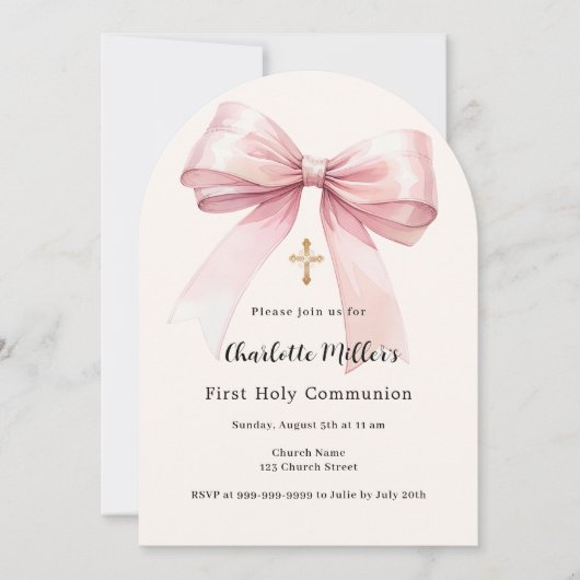 ピンクの弓クリームガールファースト・コミュニオンアーチ 招待状 (正面)