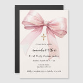 ピンクの弓クリームガールファースト・コミュニオン マグネット招待状 (正面/裏面)