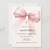 ピンクの弓クリームガールファースト・コミュニオン 招待状 (正面)