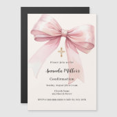 ピンクの弓クリームガール確認 マグネット招待状 (正面/裏面)